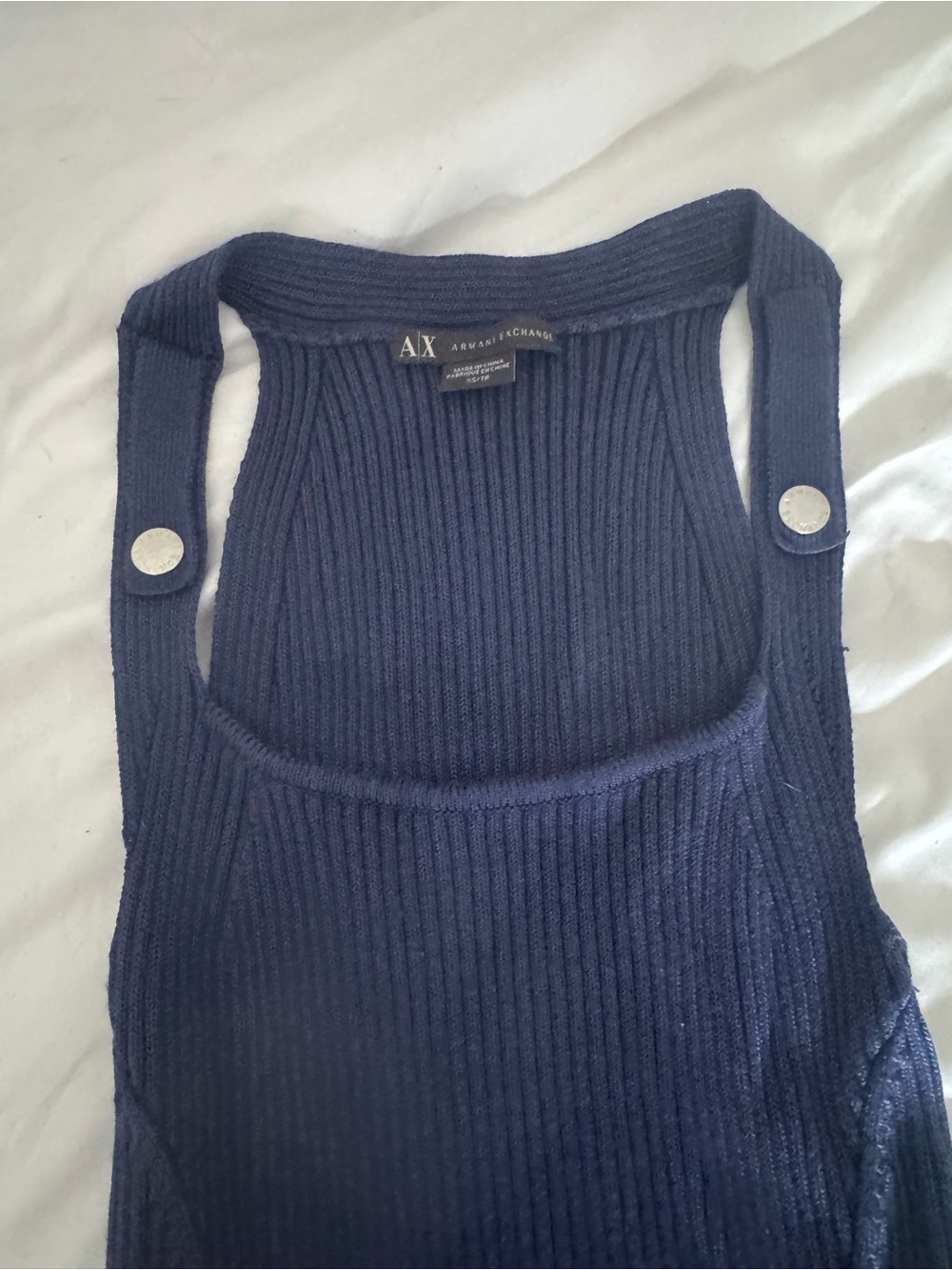 Armani Exchange Navy Ribbed Tank Mini Dress with Button-Strap Details - Picture 2 of 3